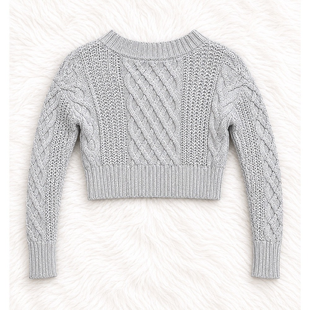 American Eagle Cable Knit Cropped Sweater XS Gray Cozy Soft Girl Fall Winter Top - Picture 3 of 3